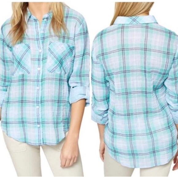 Anthropologie Sanctuary Plaid Gauzy Cotton Turquoise Boxy Button Up Shirt Small - Picture 11 of 11
